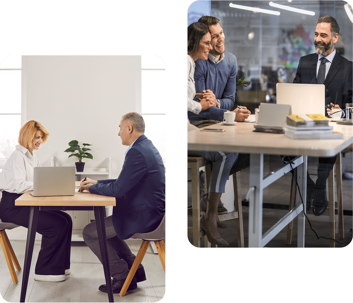 Professionals collaborating at work tables
